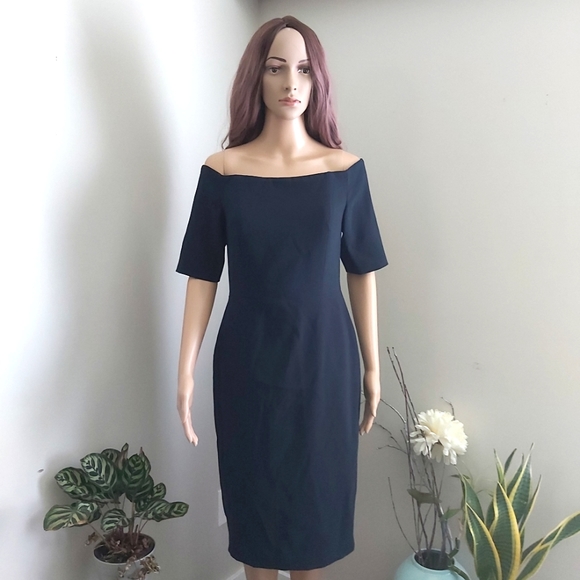 Calvin Klein Dresses & Skirts - Calvin Klein dress  navy blue off shoulder lined pencil cut midi built in bra